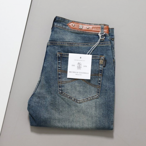 BRUNELLO CUCINELLI 브라운 레더탭 데님 팬츠
