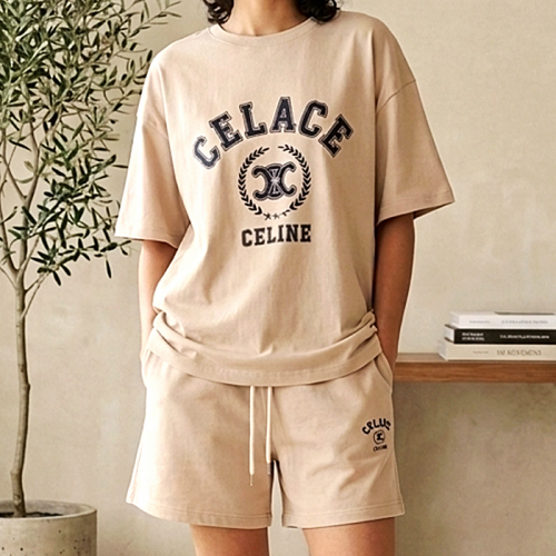 CELINE 트리오페 레터링 오버핏 하프 셋업 SET