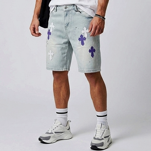 Chrome hearts 멀티 레더 패치 연청 데님 하프 팬츠