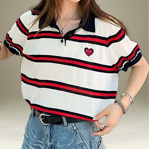 COMME des GARÇONS 하트 스트라이프 카라 반팔