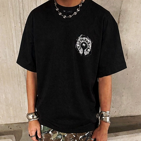 Chrome hearts 빈티지 스모크 홀스슈 스틸 로고 숏 슬리브 티셔츠