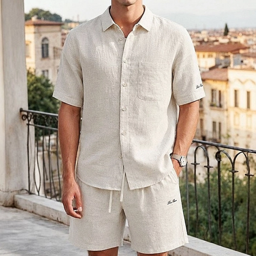 Loro Piana 클래식 이니셜 로고패치 린넨 반팔셔츠 & 반바지 SET