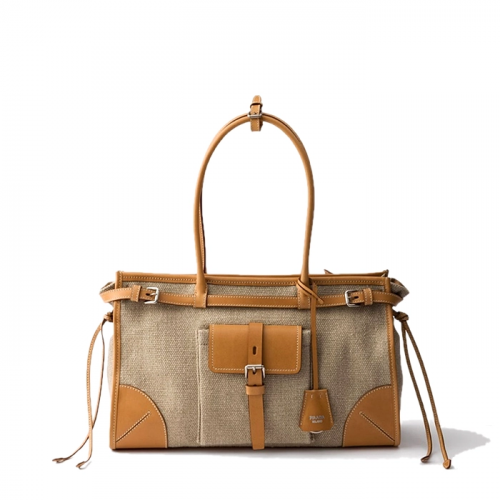 PRADA 보니 린넨 및 가죽 토트 백