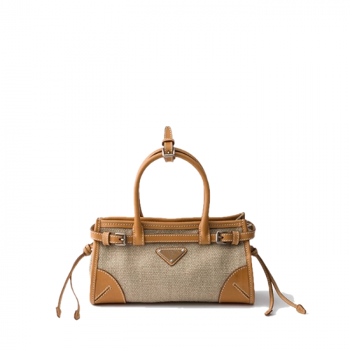 PRADA 보니 스몰 린넨 및 가죽 핸드백
