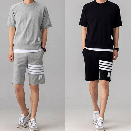 THOM BROWNE 시그니처 4선 반팔 맨투맨 팬츠 SET