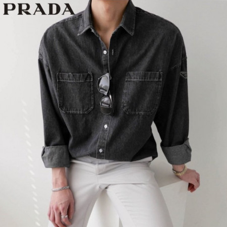 PRA*A   삼각 로고 투포켓 워싱 데님 셔츠